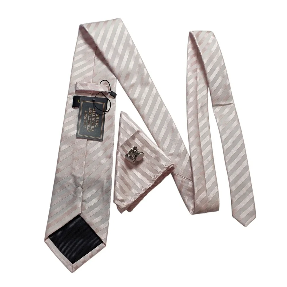 DiBanGu Silk Striped Tie Pocket Square Cufflinks Set Pink Grey‎ Men's Formal New